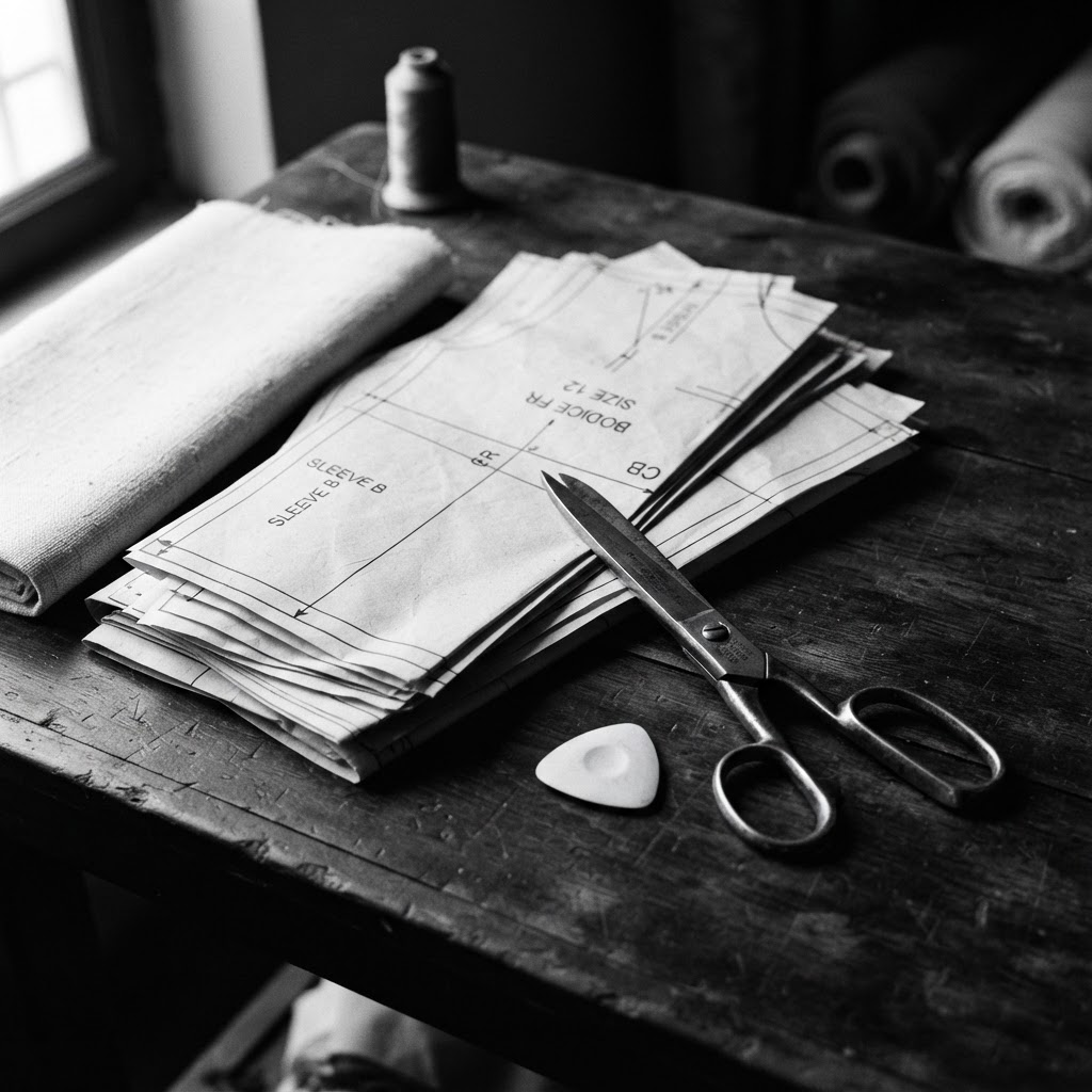 Pattern pieces and scissors in a fashion atelier