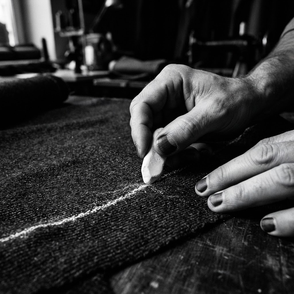White chalk marking a dark textile in the WeWeaves atelier